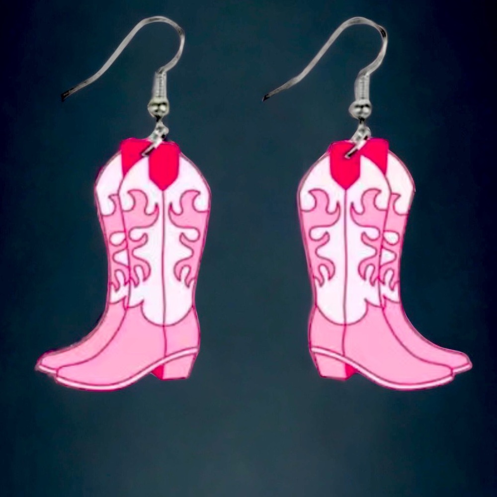Retro Cowgirl Wooden Pink Flame Boots Earrings